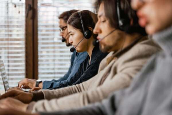 Customer support team using headsets and laptops in a modern cloud contact center environment