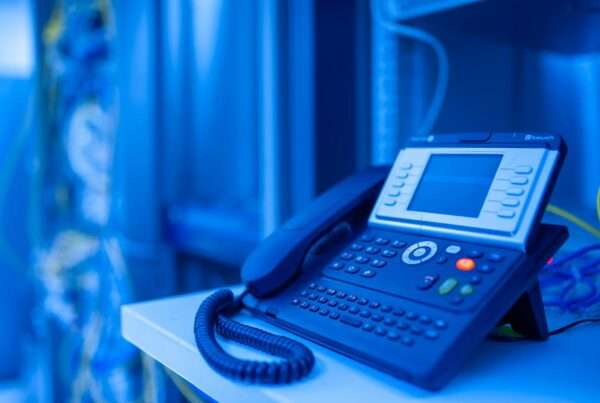 Modern office phone in blue lighting representing business phone system features and VoIP communication solutions