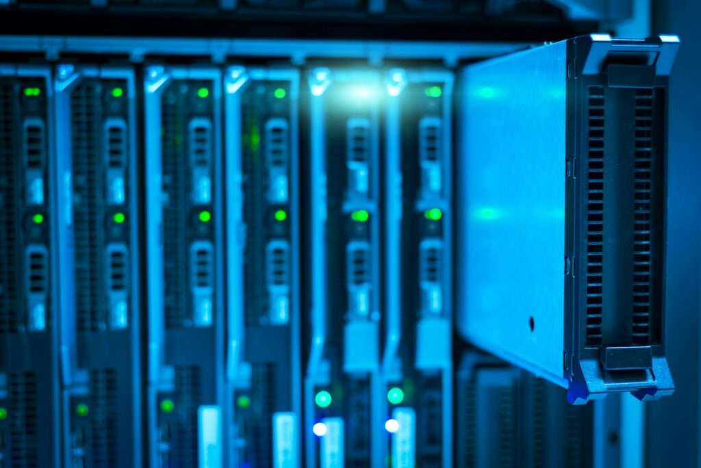Server rack in a modern data center representing legacy system migration and IT infrastructure modernization