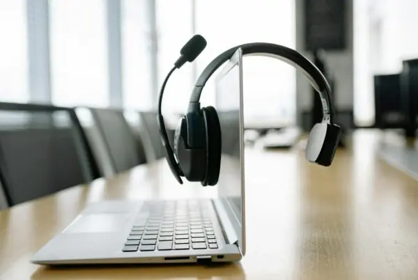 Professional using a wireless headset and laptop for remote business communications