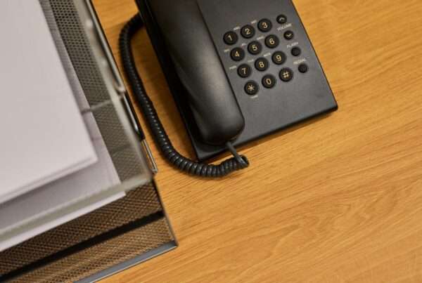 Classic black business telephone on a tidy office desk