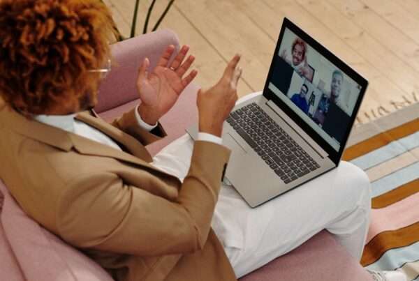 Team using a video conferencing platform in a global meeting