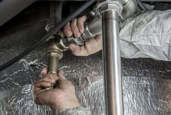 Technician installing steel pipework on a job site, representing AI answering services that book appointments and triage emergencies for plumbing, HVAC, and electrical businesses