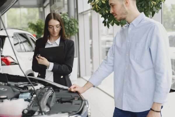 Service advisor and customer reviewing a vehicle together in a dealership service area, representing AI-powered call answering and appointment booking for auto dealerships