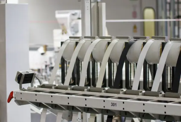 Advanced industrial machinery operating on a manufacturing facility floor, representing modern IT infrastructure supporting production operations