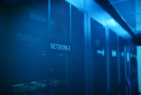 Rows of illuminated network server racks in a data center, representing the infrastructure behind AI-driven network security monitoring