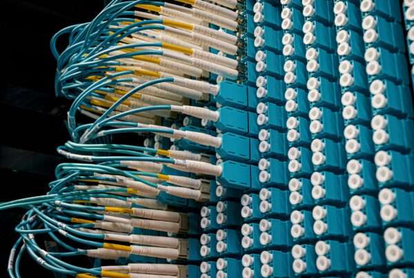 Close-up of fiber optic patch cables connected to a network patch panel in a data center