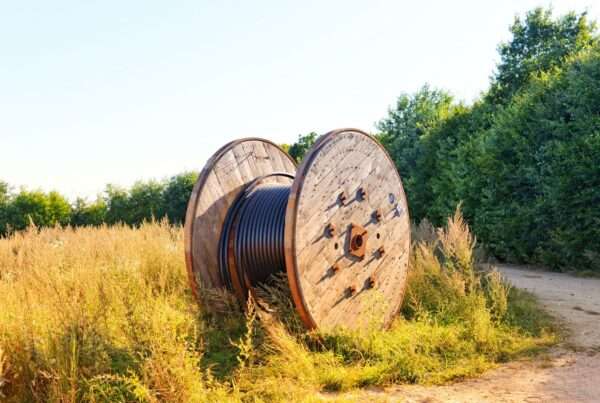 A wooden reel of fiber cable resting in a field beside a rural road, staged for a regional broadband build-out