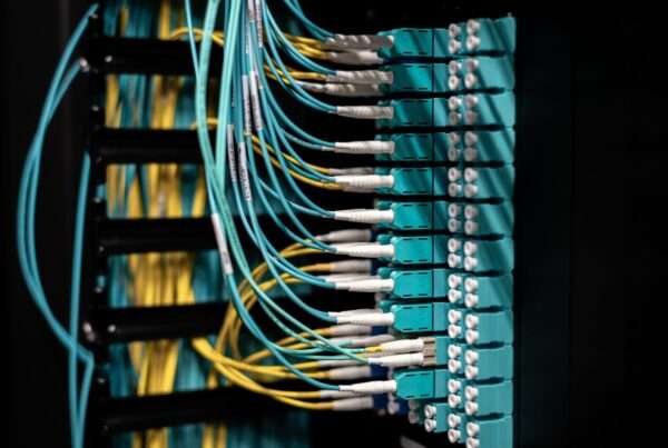 Neatly labeled ethernet patch panel and bundled network cables in an office telecommunications room prepared for a Wi-Fi upgrade
