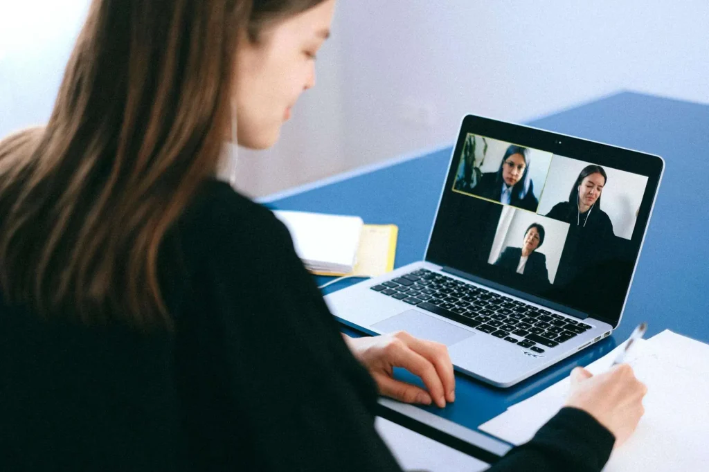 Professional participating in a video conference call for remote team collaboration