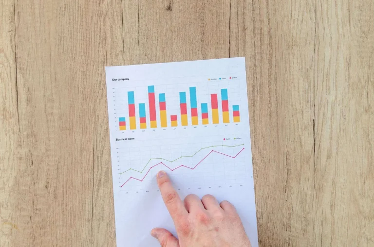 Business professional analyzing data strategy charts and graphs on a wooden desk